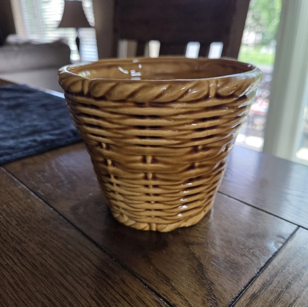 Vintage Ceramic Basket Weave Flower Pot